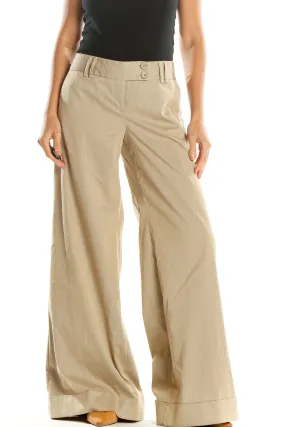 Beige Solid Classic Wide Leg Trousers