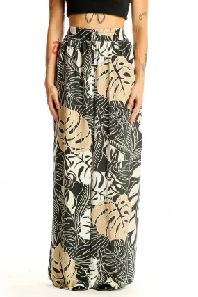 Black and Beige Tropical Print Wide-Leg Pants