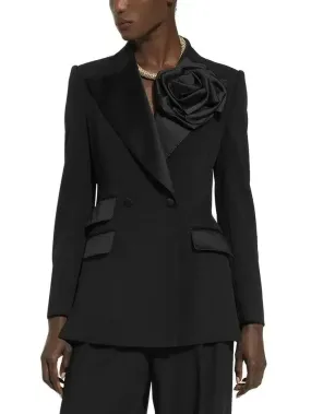 Black Double-Breasted Flower-Applique Blazer Jacket