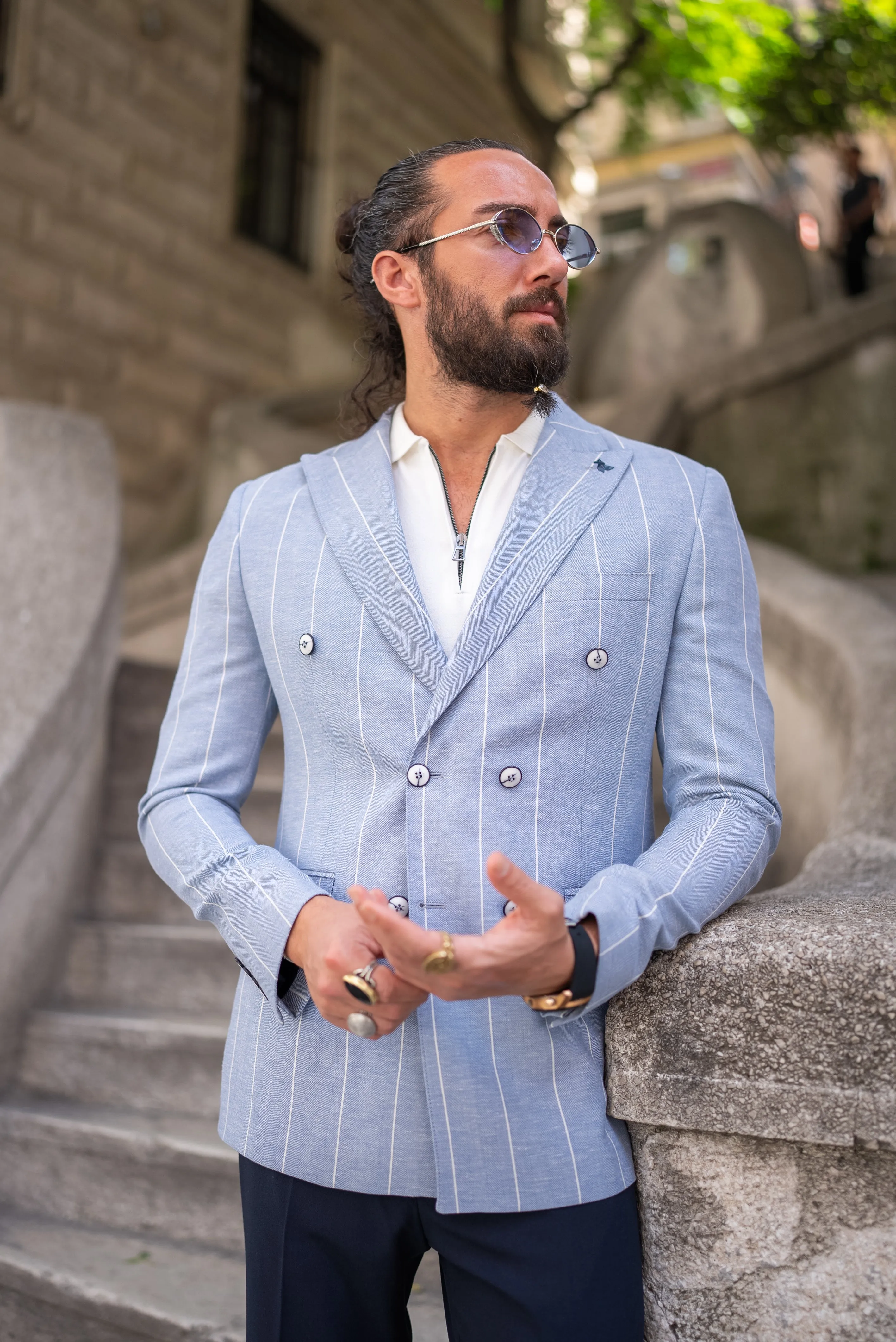 Bojoni Leclerc Sky Blue Slim Fit Double Breasted Striped Blazer