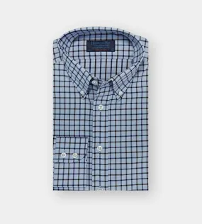 Contemporary Fit, Button Down Collar, Two Button Cuff Shirt In Blue & White With Brown & Navy Overcheck