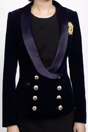 Double-Breasted Velour Badge Embroidered Blazer