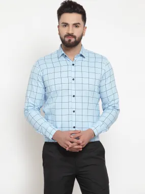 Jashvi Blue Men's Cotton Checked Formal Shirts