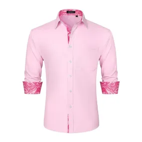 Men's Patchwork Dress Shirt with Pocket - PINK/HOT PINK